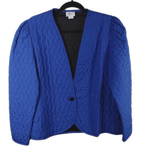 Alicia Vintage Blue Quit Long Sleeve Collarless Button Front Lightweight Jacket